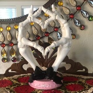 NEW Decorative White Skeleton Hand Heart Sculpture with Pink Base